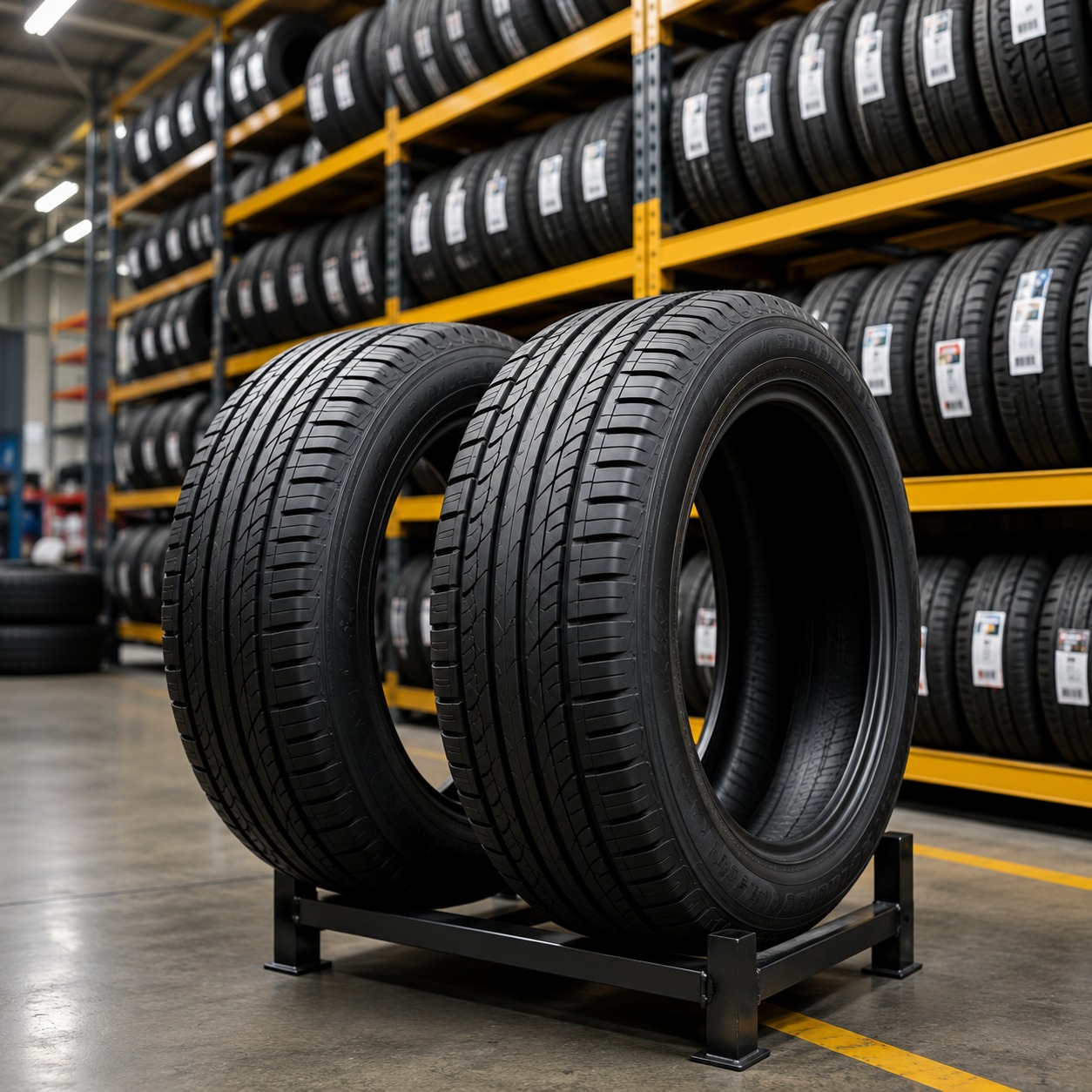 Tires racked in warehouse