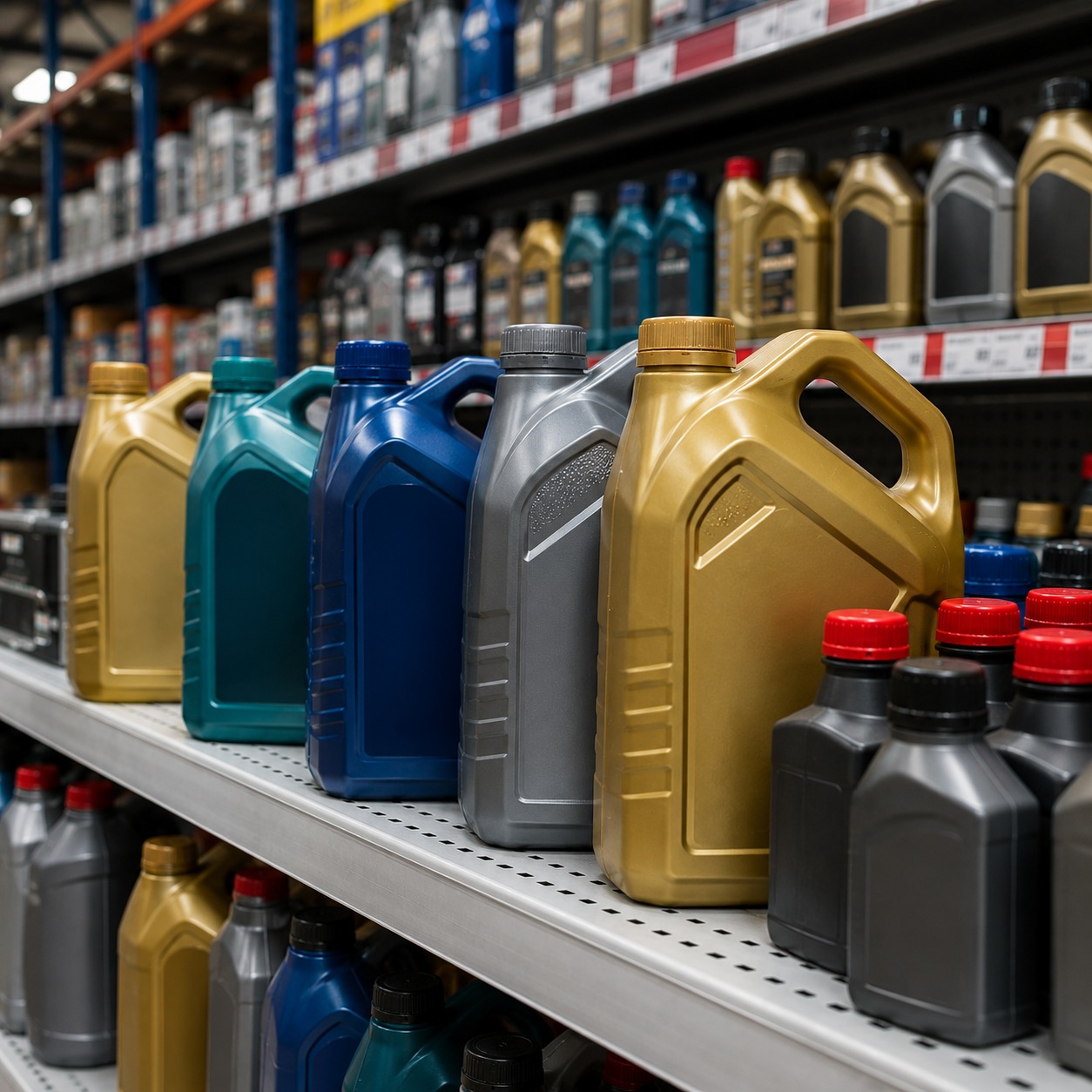 Row of engine oil bottles on shelf