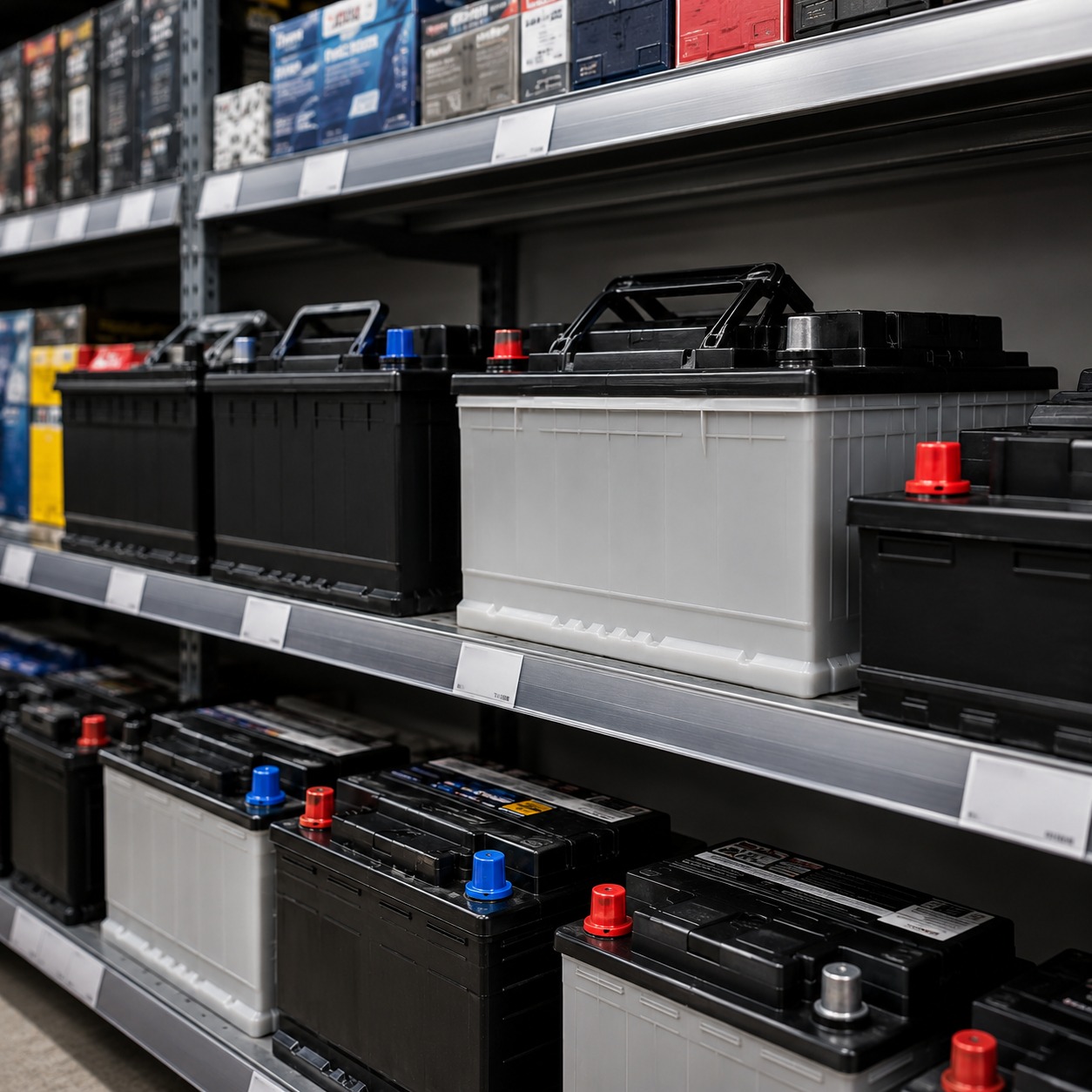 Car batteries on warehouse shelf